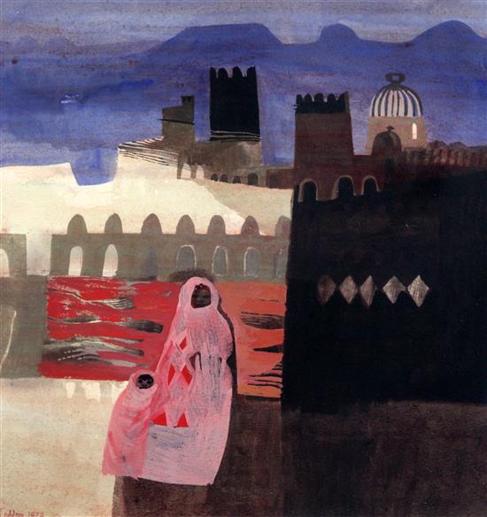 § Mary Fedden (1915-2012) Mother and child in the street, North Africa, 11.75 x 11.25in.